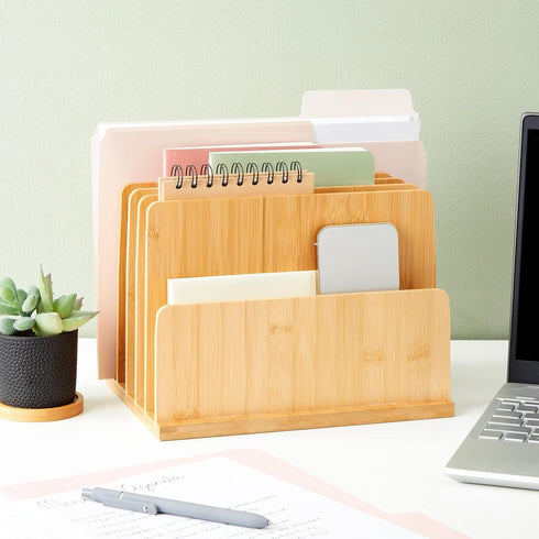 Paper Junkie Bamboo Wooden Mail Holder, 5 Slots File Sorter for Letter and Folder Document Storage, Home Organization