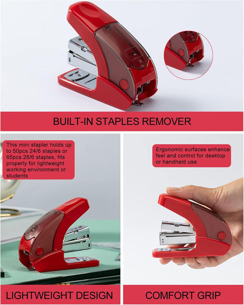 Effortless Mini Stapler Set, 20 Sheet Capacity, Integrated Remover & Staple Storage, 1000 Staples, Red