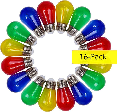 Jslinter Colored String LED Light Bulbs - 1 watt Plastic Outdoor Indoor S14 Bulbs for Christmas String Light Replacement - Shatterproof - E26 Base - 16Pack - Red/Blue/Yellow/Green by Jslinter