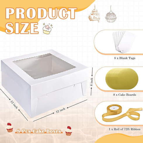 16Pcs Cake Boxes with Cake Boards (8Pcs White Boxes, 8Pcs Boards), 12x12x6 Inch Bakery Boxes with Window for Parties