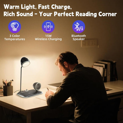 DICEYKNOD 3-in-1 15W 360 3 Dimmable, 800LM 85, LED Desk Lamp with Wireless Charger & Exclusive Bluetooth Speaker