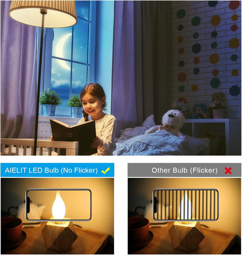 E12 Bulb, 2 Watt(25W 2700K, Dimmable CA10 Bulbs 4-Pack Frosted LED Candelabra Equivalent), Soft Warm Flame Tip LED