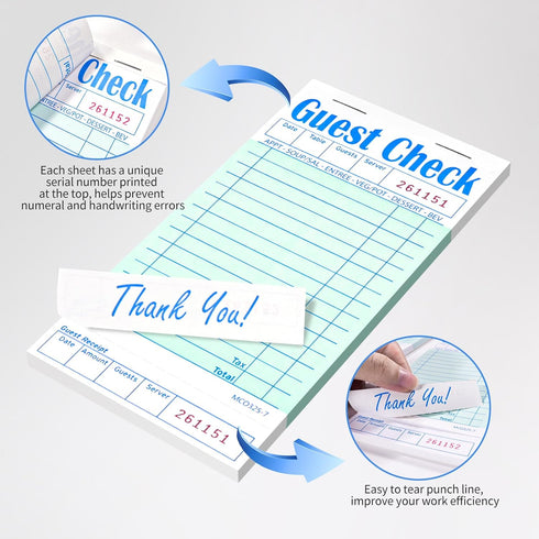 Darcvds 5 Pack 50 Sheets/Pack, 250 Guest Check Books, Server Note Pads for Restaurant, Green Waiter Checkbook, Waitress