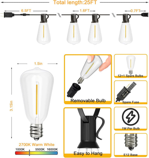 25 13 Dimmable ST38 Bulbs, Svater Outdoor String Lights FT, Patio Lights with pcs Shatterproof Vintage Edison