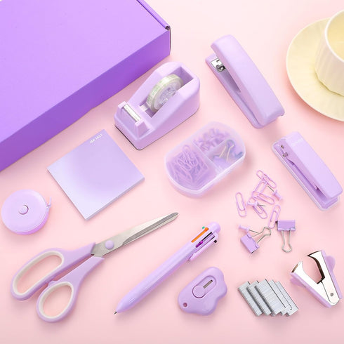 Purple Desk Accessory Kit, Cute Office Supplies Set with Stapler, Tape Dispenser, Scissors, Ballpoint Pen, and More