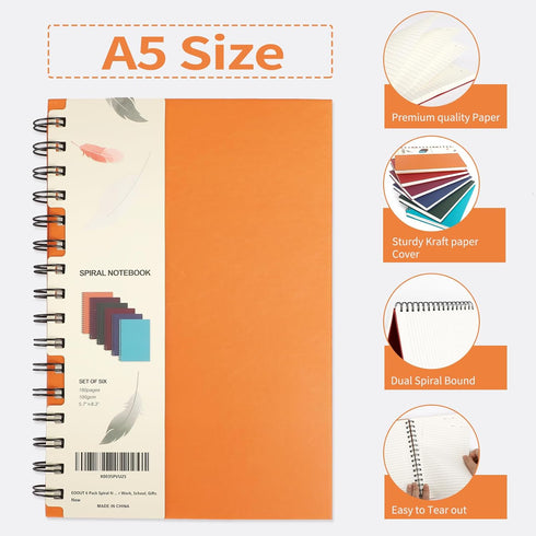 EOOUT 6pcs Hardcover Spiral Notebook, College Ruled, 5.5x8.5 Inches, 100GSM Thick Paper, Assorted Jewel Tone Colors