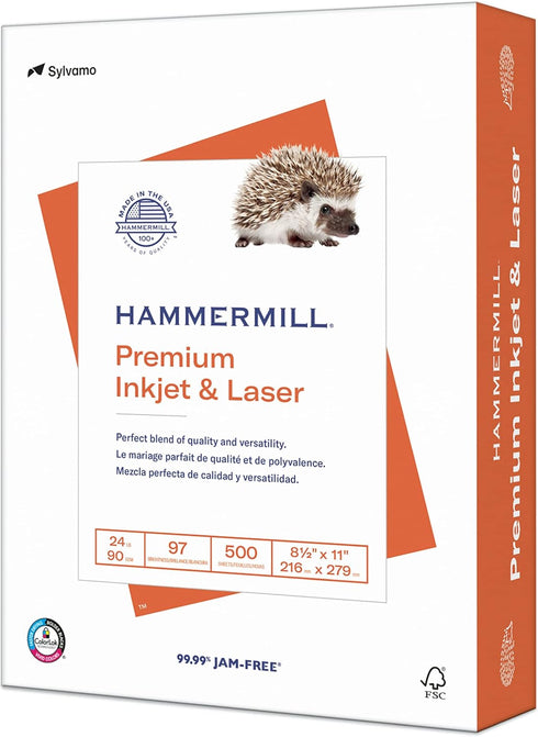 Hammermill Printer Paper, Premium Inkjet & Laser Paper, 24 Lb, 8.5 x 11 - 1 Ream (500 Sheets), 97 Bright, Made in the