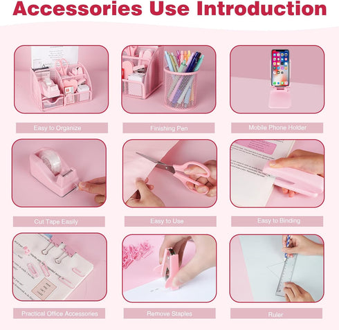 Pink Desk Organizers and Accessories, Mesh Office Supplies Set with Tape Dispenser, Stapler, Phone Holder, Scissors