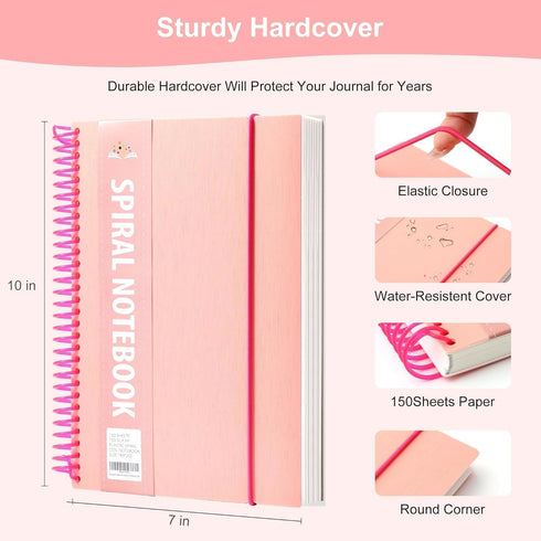 Yoment Hardcover Spiral Notebook, 300 Pages, College Ruled, 7" X 10", Large Spiral Lined Journals for Work, Pink