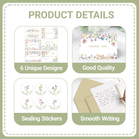 KOPOOEOE 100 Sets Wildflower Thank You Cards with Kraft Envelopes Sticker Watercolor Floral Blank Greeting Cards