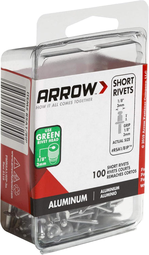 Arrow RSA1/8IP Short Aluminum Pop Rivets, 1/8-Inch, 100-Pack for Metal, Fabric, Leather, Auto Repair