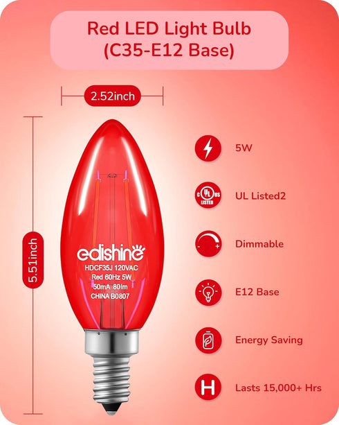 EDISHINE Dimmable Red Light Bulb, 5W Equivalent, 60W, E12 Socket, 6 Pack