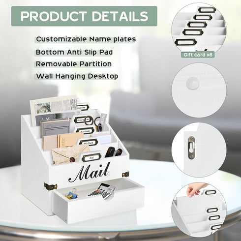Wood Mail Organizer Countertop, Desktop Mail Holder with 4 Compartments and Drawer, File Organizer Wall Mount, Desk