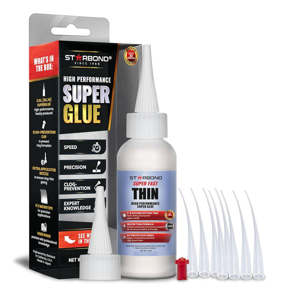 Super Fast Thin, Premium Instant CA (Cyanoacrylate Adhesive) Super Glue Plus Extra Cap and Microtips, 2 Ounce by