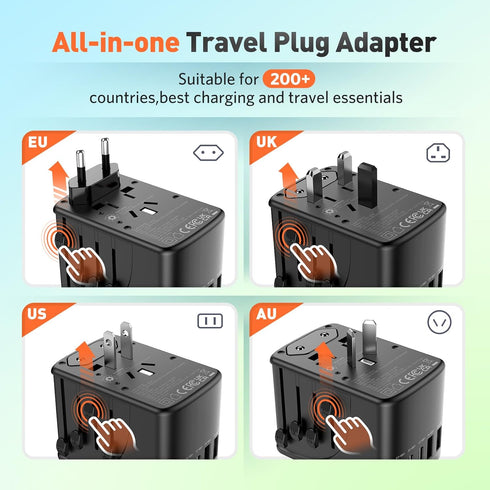 Universal Travel Adapter International Plug - European Travel Plug Adapter Worldwide US AUS EU UK Spain Germany Ireland Italy - All-in-one Travel Outlet Power Adapter with 3 USB C 2 USB A