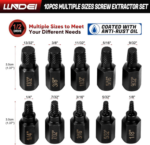 LLNDEI 10 Pieces Screw Extractor Set, Hex Head Easy Out Bolt Extractor, Multi-Spline Ez Out Stripped Fastener Tool
