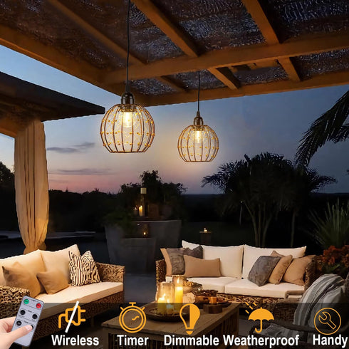 TWINKVILLA Bulb Ball-G50-2PK) Hanging Pendant Lights, Battery Operated Outdoor Chandelier with Warm White LED for Patio