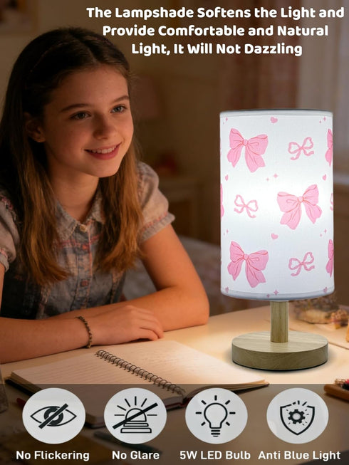 Agrollozi 3-Way Dimmable Pink Bow Table Lamp, Girls for Bedroom Bedside Lamp, Nightstand Night Light with Linen Fabric