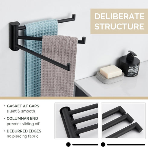 Swivel Hand Towel Holder - 3 Bars Angle Simple 304 Stainless Steel Towel Rack, Folding Wall Mount Matte Black