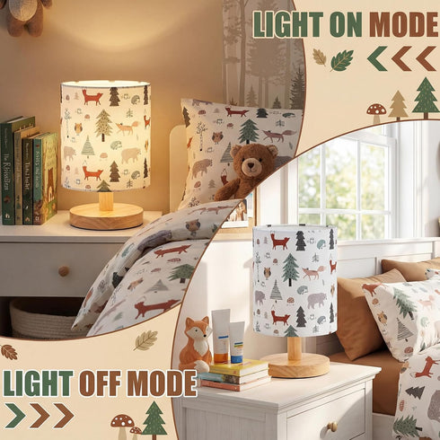 VIHOSE Woodland Animals Kids Table Lamp for Bedroom Kids Bedside Lamp with Linen Wooden Nightstand Cartoon Nursery