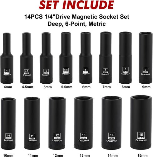 14PCS 1/4"Drive Set, 6-Point, 4mm 15mm, CASOMAN Magnetic Impact Socket Deep, Metric, to CR-MO