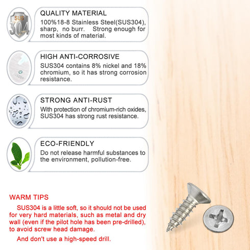 Wood Screws - 120PCS Flat Head Phillips Screws, 304 Stainless Steel with Adjustable Countersink Kit