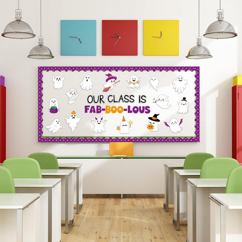 Halloween Bulletin Board Decoration Set, Cute Ghost Paper Cutouts and Blackboard Border for Classroom Chalkboard Decor