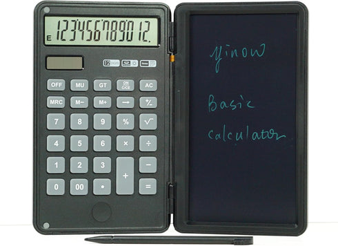Basic Calculator with LCD Writing Tablet, 12 Digits Display, Portable Solar Powered, Black
