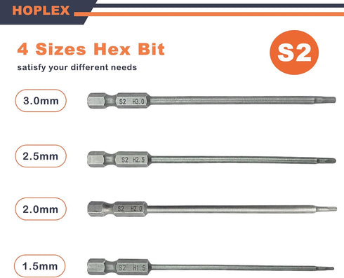 RC Hex Bit Set 1.5, 2.0, 2.5 & 3.0mm Hex Head Allen Wrench Drill Bit S2 Steel 1/4" Hex Shank for Power Drill