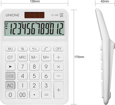 UNIONE Big Size Calculator, Bright LCD, Dual Power Handheld Desktop for Business, Office, High School (White)