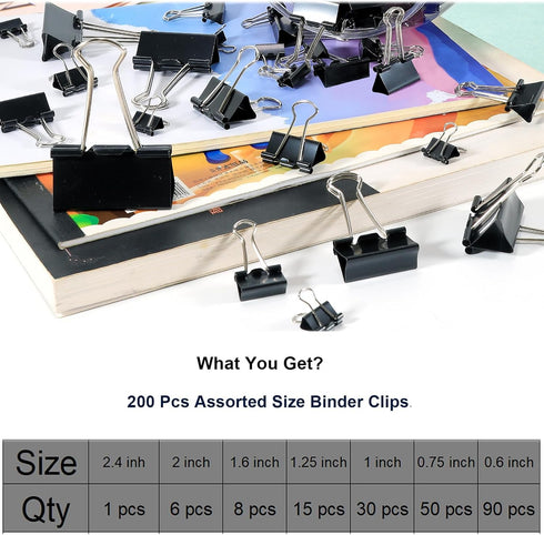 Binder Clips Paper Clamps Assorted Size, 200 Pcs, Extra Large, Large, Medium, Small, Extra Small and Mini by Ufmarine