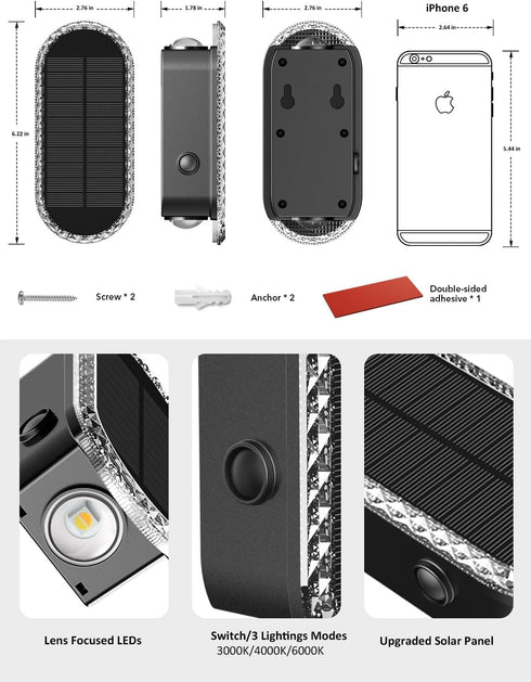 3000K/4000K/6000K 3 2 Solar Fence Lights Outdoor, Modes Solar Wall Lights Outdoor Waterproof, Up&Down Dual-Head Outdoor