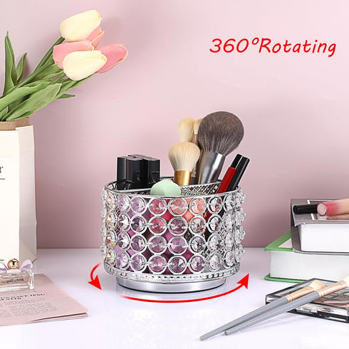 Hipiwe 360 4-Slot Crystal Vanity Organizer Makeup Brush Holder- Rotating Cosmetic Brushes Display Organizers Spinning