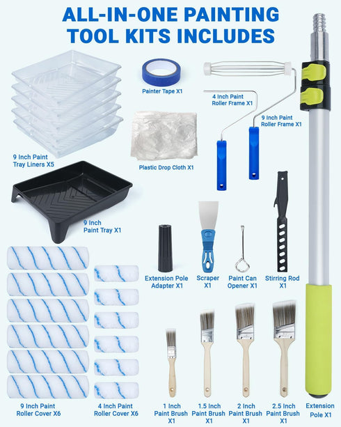(24 30-Piece Set Paint Roller Kit with Extension Pole FT) for Walls & Ceilings Home Painting with Paint Rollers