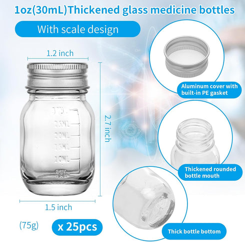 eispap 25Pcs 1oz 30 ml (25) Glass medicine bottles Glass Reagent Bottles Transparent Sample Jar,Wide Mouth,Screw Cap
