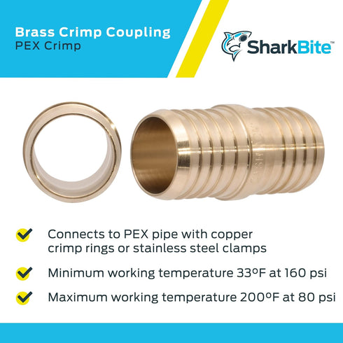 SharkBite 1-1/2 Inch Brass Crimp Coupling for PEX Pipe, PE-RT, UC0141