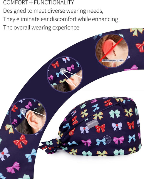 Kousenpu Scrub Caps for Women, Adjustable Women's Surgical Cap with Buttons, Breathable Cute Design for Nurses