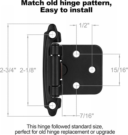 4 Pack (2 Pair) Matte Black Self Closing Cabinet Hinges for Flush Mount Kitchen Cabinet Door