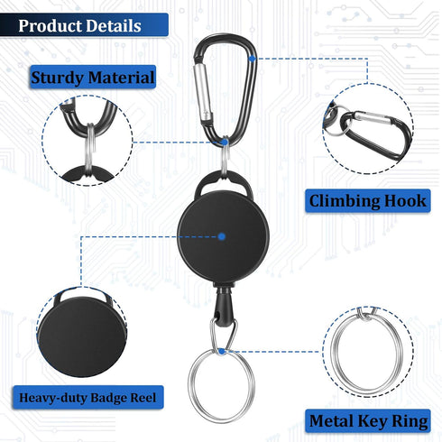 Heavy-Duty Retractable Key Chain ID Badge Holder Reel Clip with Nylon Rope and Metal Buckle for Carrying Keys, Black