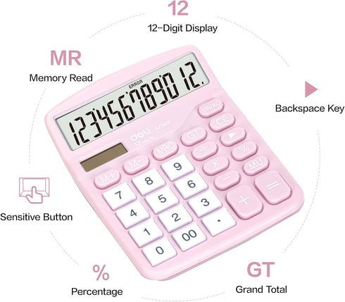 Deli Standard Function Desktop Calculator, 12 Digit LCD Display, Solar Battery Dual Power, Pink