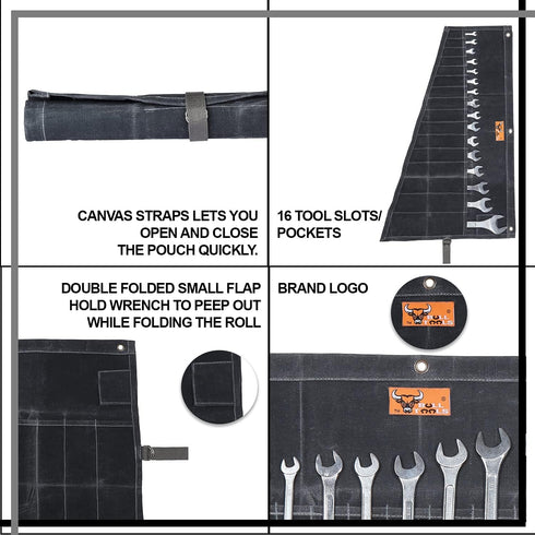 16 Pocket Wrench Roll Up Pouch, Metric & Standard Wrench Set Organizer, 100% Cotton Full Waxed Canvas - Coal Black