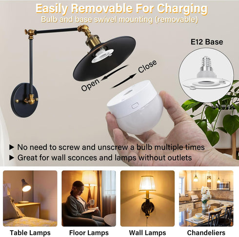 E12 Bulb 15 Bulbs,Magnetically,Dimmer,Wireless Bulb Sconce,Non-Hardwired,Detachable,2 Pack Rechargeable Light