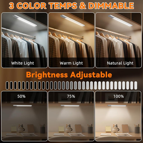 10inch 3 Closet Counter (3Pack) Under Cabinet Lighting Wireless, Rechargeable Motion Sensor Light Indoor, Color Light