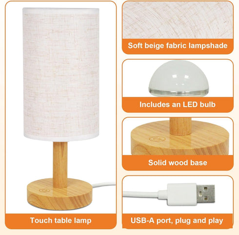 Set 2 Dimming 2700K Spaces(5W 50K Touch Bedside Table Lamps of - Stepless USB Powered, Minimalist Wood Base Linen