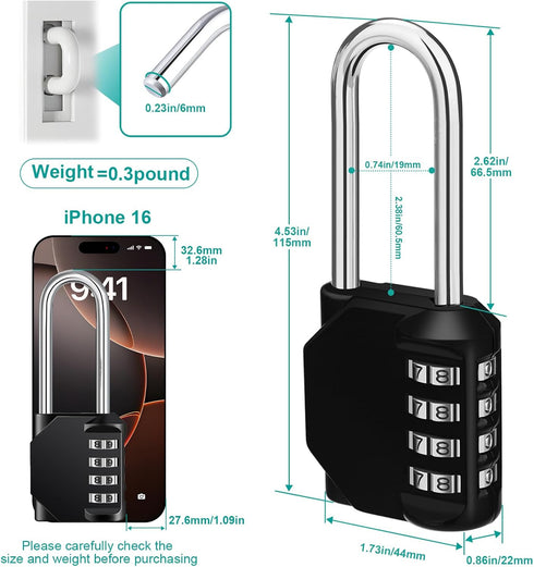 ZHEGE Long Shackle Combination Lock - 4 Digit Resettable Waterproof Padlock for School, Gym, Outdoor