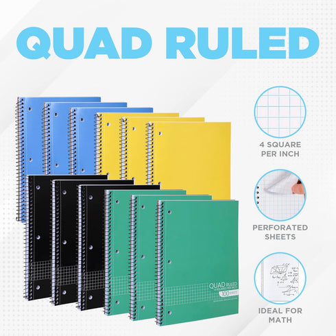 Graph Paper Spiral Notebook - Quad Ruled Grid, 10.5 x 8 Inches, 1 Subject Wirebound Notebook, Assorted Colors, 100