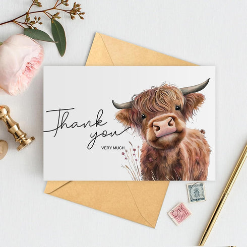 50 Pack 4x6 Highland Cow Thank You Cards with Envelopes, In Farm Design Greeting Cards Sympathy Cards Bulk for Wedding