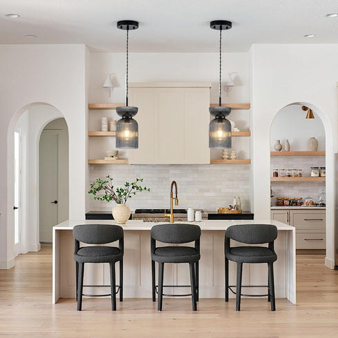Gmrhndy E26 Glass Pendant Light, Ribbed Smoke Gray Glass Hanging Light with Adjustable Cord, Modern Pendant Light