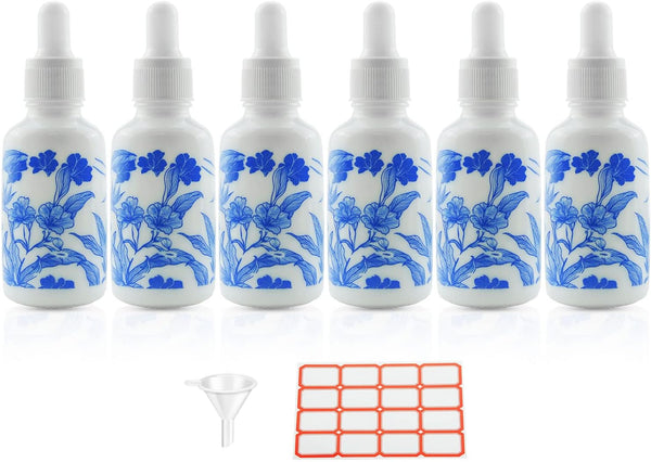 6 PCS Blue and White Porcelain Ceramic Dropper Bottles, 1oz (30ml) for Perfume, Aromatherapy, Essential Oils, Funnel