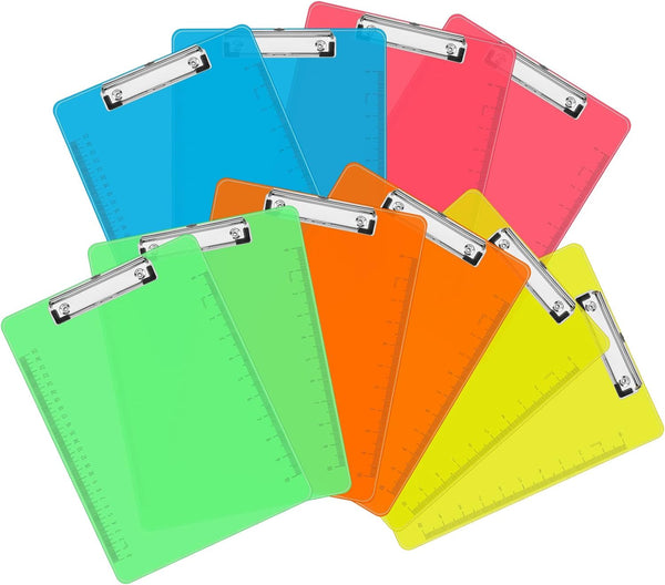 PANDRI Plastic Clipboards, 10 Pack Clear Colored Low Profile Clip Board, 12.5 x 9 Inch Standard Letter Size
